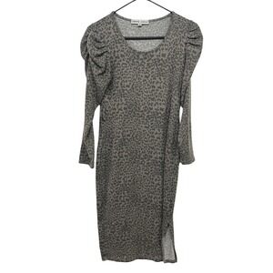 Leopard Puff Sleeve Knit Midi Dress S Taupe Mob Wife Animal Print Glam Soft Goth